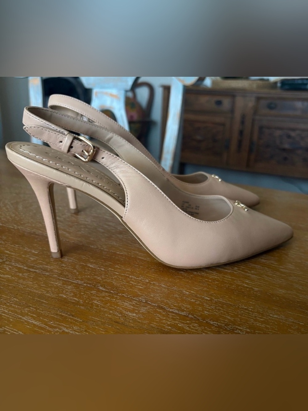 Coach ALLIE Beige Nude Leather Slingback Pump Stiletto Logo On Toe Luxury